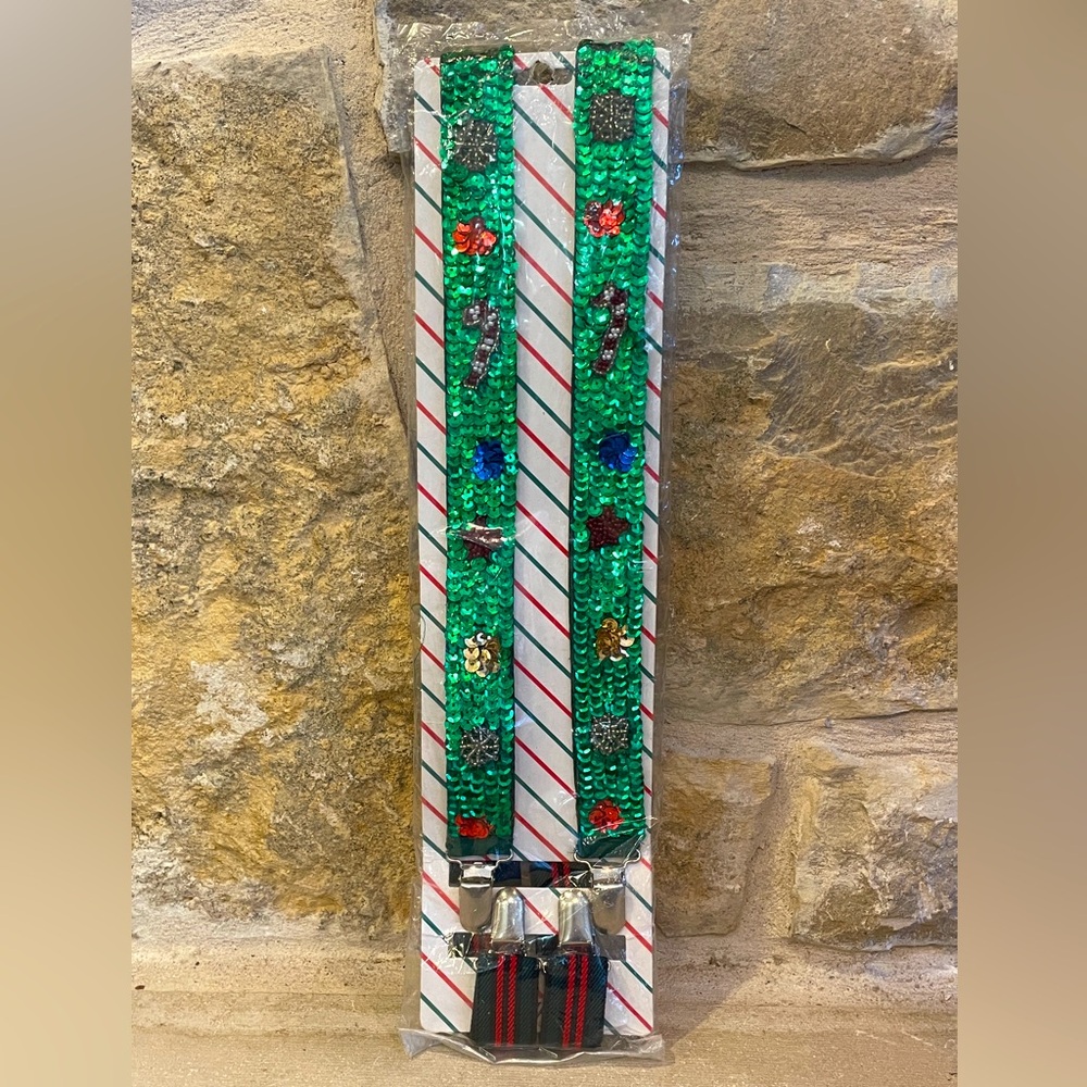 NEW Sequin & Bead Christmas Holiday Suspenders Green Candy Cane Wang's Vintage